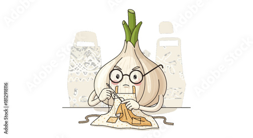 A Personified Garlic Crafts, Surrounded by Graters, Depicting Culinary Creativity and Charm