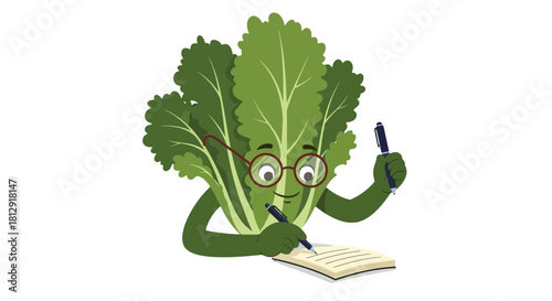 A Personified Leaf Character Writes In A Notebook Against A Black Background