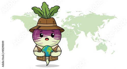 A Globetrotting Turnip Character Embracing The World Map, a Cute And Captivating Concept