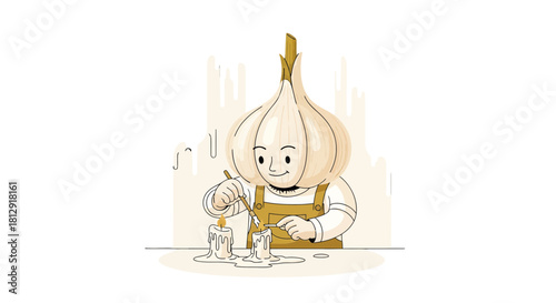 A Personified Garlic Head Carefully Working With Two Lit Candles in a Flat Design