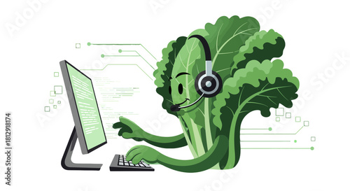 A Green Cabbage Character Wearing Headphones Working On A Computer Coding