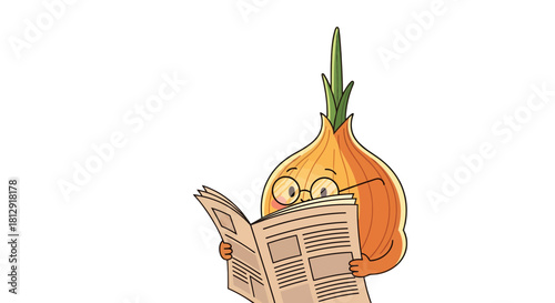 A Personified Onion With Spectacles Immersed In Reading the Newspaper