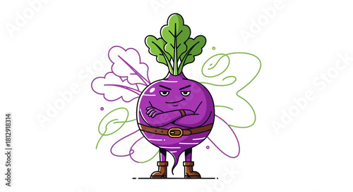 A Grumpy Turnip Character Cartoon Is Posed Against a Black Background Displaying Attitude
