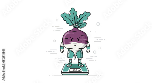A Grumpy Turnip Weighing Itself on Scales for Weight Loss and a Healthy Diet