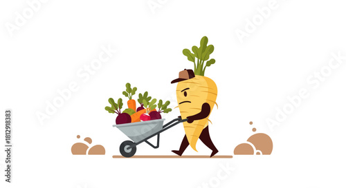 A Grumpy Vegetable Carries a Wheelbarrow Full Of Harvested Produce On A Black Background