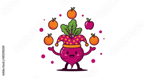 A Playful Jester Root Vegetable Juggling Orange Fruits And Apples On A Black Background