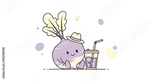 A Radish Character In A Hat Enjoying A Refreshing Drink On A Black Background