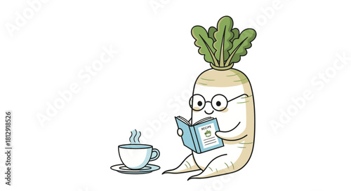 A Radish Character Reading Recipes While Enjoying A Cup Of Hot Beverage Peacefully