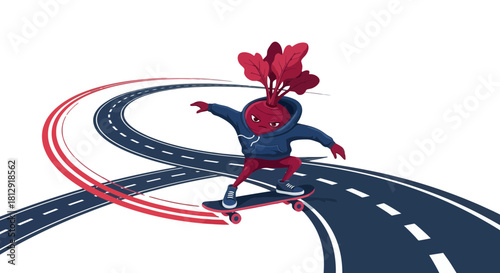 A Radish Character Skateboarder On Asphalt Roads With A Dark And Captivating Background