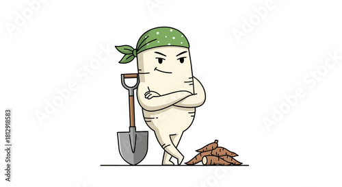 A Radish Character With a Bandana Leaning on a Shovel and a Pile of Roots
