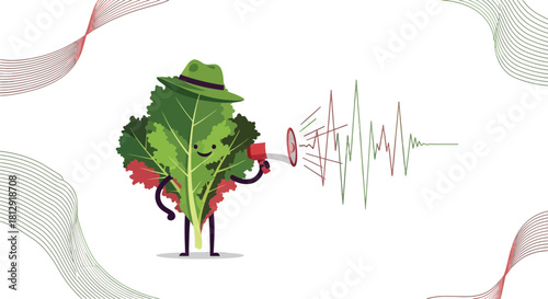 A Leafy Character Broadcasting Sound Waves With A Stylish Green Hat On Black
