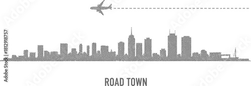 Airplane Flying Over Textured City Skyline and "Road Town" Text