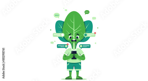 A Leafy Character Engaged In Digital Communication On A Sleek, Modern Device
