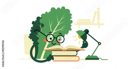 A Leafy Character Enjoys Reading Books Under Lamp Light in a Dark Room Scenario