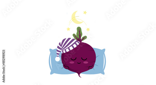 A Sleeping Beetroot Dreams Under the Stars With Cozy Nightcap and Pillow Illustration