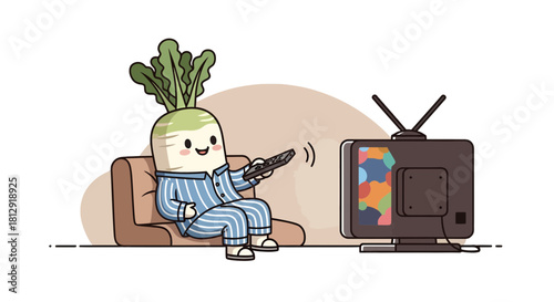 A Leisurely Evening Watching Television Portrayed by a Whimsical Radish Character