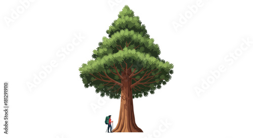 A Majestic Giant Sequoia Tree Stands Tall Amongst Nature With A Hiker Nearby