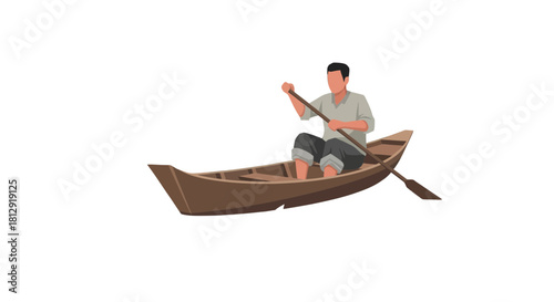A Man In A Wooden Boat Rowing On Black Background Vector Illustration