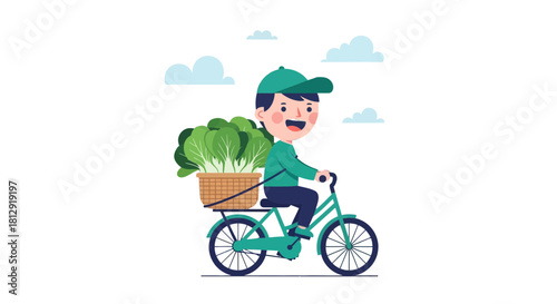 A Smiling Boy Delivers Fresh Vegetables On His Bicycle For A Healthy Lifestyle