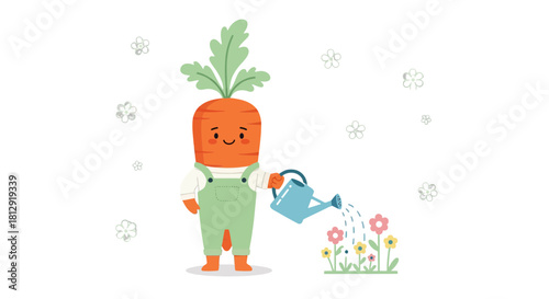 A Smiling Carrot Character Watering Flowers: A Cute Garden Illustration