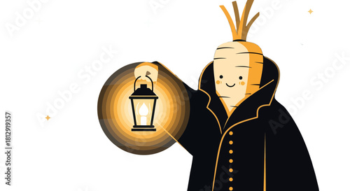 A Smiling Carrot Gentleman Holding a Lantern Under a Starry Night Sky