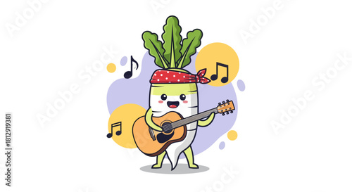 A Musical Radish Character Playing Guitar, Enjoying Harmonious Melodies on a Dark Backdrop