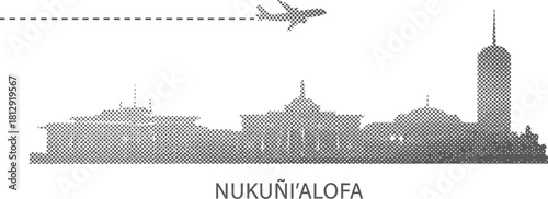 Airplane flying over Nukualofa skyline silhouette with dashed line