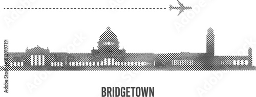 Bridgetown Skyline Halftone Silhouette with Airplane and Flight Path