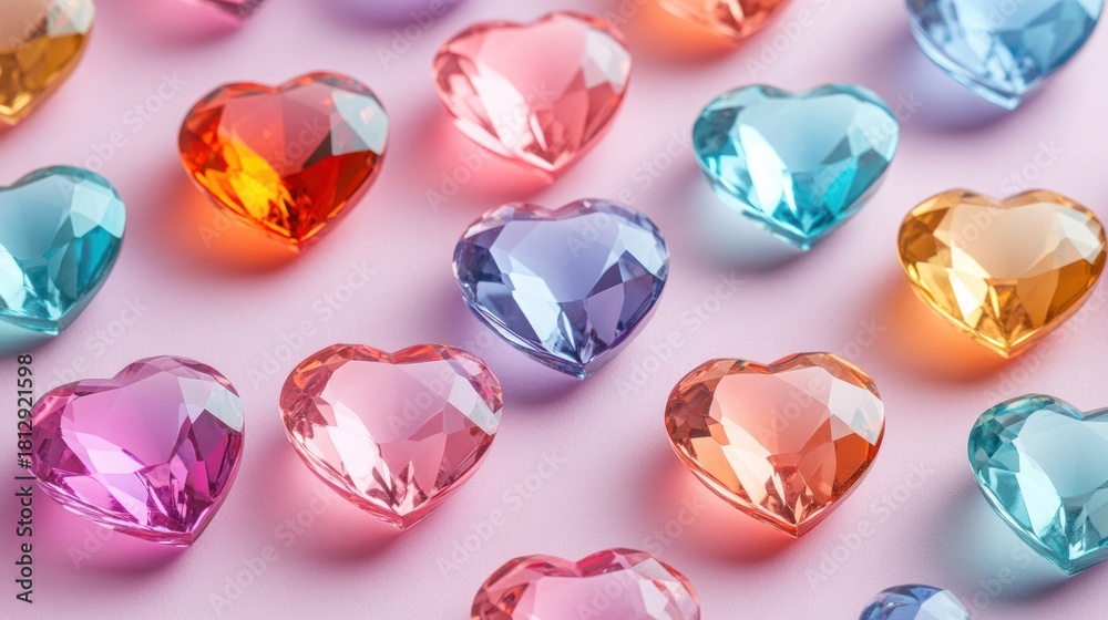 Fototapeta premium Colorful hearts on a pink background. Possible use Valentine's Day card design, social media post, or advertising