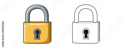Cartoon vector illustration of a shiny yellow and black line art padlock icon with a metallic shackle