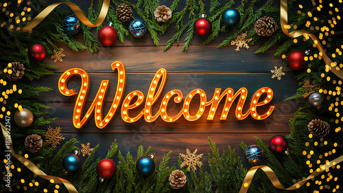 Holiday welcome sign in marquee lights surrounded by pine branches, ornaments, ribbons, and golden lights on wood background