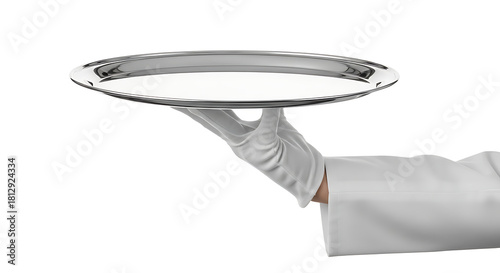 A gloved hand holding a silver serving tray, presented against a white background.