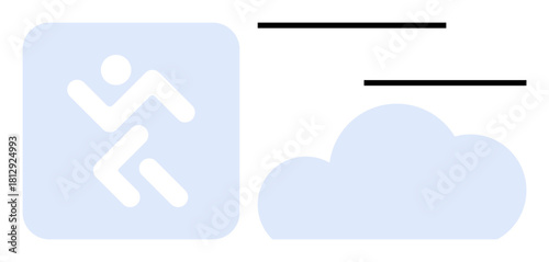 Abstract running figure next to a cloud, conveying speed, technology, and connectivity. Ideal for cloud computing, data transfer, efficiency, digital workflows, innovation mobility simple flat