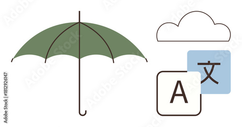 Green umbrella symbolizing protection paired with language translation icons and a cloud. Ideal for multilingual services, cloud security, global communication, protection, technology, conceptual