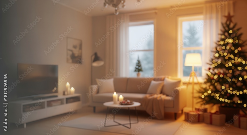 Fototapeta premium Cozy living room with Christmas tree and lights.