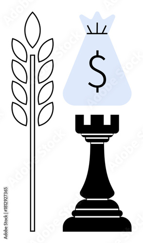 Money bag with dollar sign, chess rook, and wheat illustrate concepts of financial strategy, agriculture, success, profit, investment, leadership and growth. Ideal for business finance