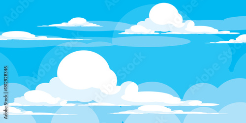 Illustration of a blue sky with white clouds in a flat style. Blue sky background and white clouds. Cartoon sky