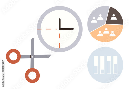 Scissors cutting into a clock with team icons and bar charts nearby. Ideal for time management, productivity, planning, resource allocation, efficiency, teamwork, scheduling. Clean and simple flat