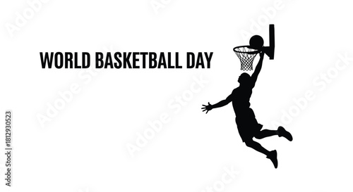 Celebrating world basketball day with a dynamic silhouette of an athlete dunking the ball