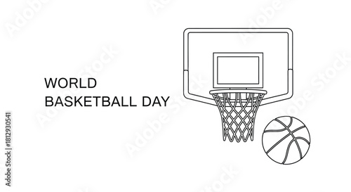 Silhouette of a basketball player in mid air with the text world basketball day