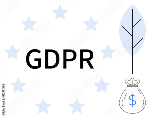 GDPR text surrounded by stars, minimalist leaf, and money bag. Ideal for data protection, legal compliance, privacy policy, financial impact, transparency nature sustainable business. Simple flat