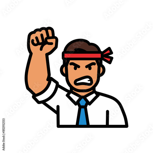Angry man with raised fist and headband showing determination.