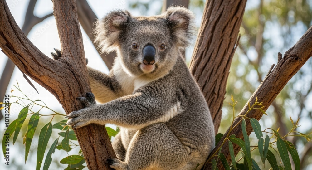 Naklejka premium Koala in Eucalyptus Tree: A charming koala perches comfortably amidst the branches of an eucalyptus tree, embodying the serenity of the Australian outback. The scene is illuminated by natural light