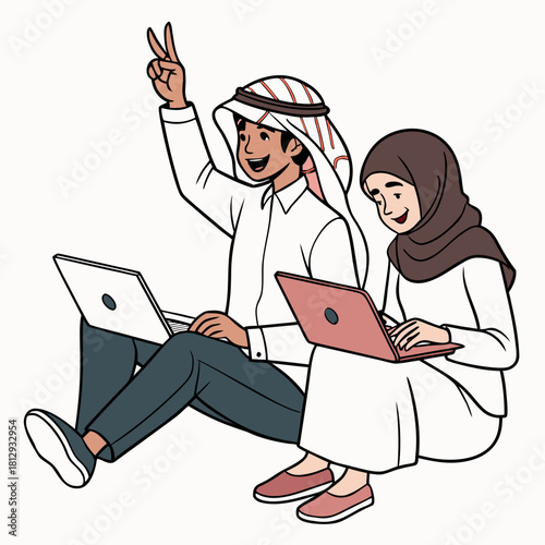 "A pair of professionals — an indigenous man and an Arab woman — sitting on the floor with laptops, both giving a thumbs-up, isolated in the white."