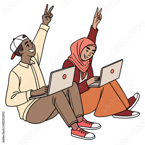 "A pair of professionals — an indigenous man and an Arab woman — sitting on the floor with laptops, both giving a thumbs-up, isolated in the white."