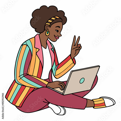 "Cartoon image of an Afro-descendant woman in a colorful blazer, sitting cross-legged on the floor, working on her laptop and giving a thumbs-up, isolated against a white background."