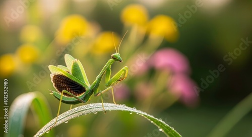 Praying Mantis Serenity: The image showcases a graceful praying mantis, perched delicately on a dew-kissed leaf. The mantis, with its slender, elongated body and piercing gaze.
