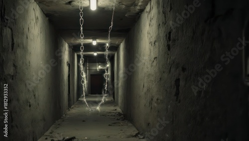 Wallpaper Mural Eerie Corridor with Hanging Chains and Dim Lighting. Torontodigital.ca