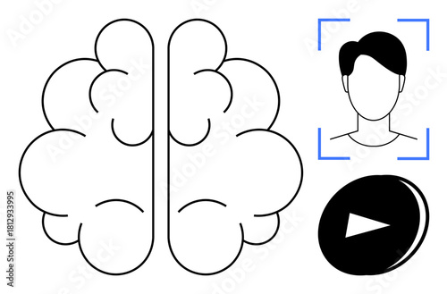 Brain outline, scanned face in recognition frame, play button for multimedia interaction. Ideal for AI, neuroscience, biometrics, cognitive science, technology innovation user interface. Simple