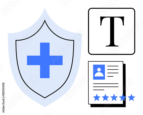 Blue shield with cross symbolizing security, profile document with rating stars, and text element. Ideal for healthcare, data security, ratings, privacy, identity, reviews and branding